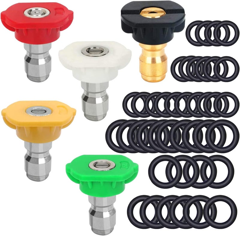 CKANDAY 5 Pack Pressure Washer Spray Nozzles Tips + 40 Pcs O-Rings Replacement for 1/4 inch and 3/8 inch, 5 Degrees Nozzles 1/4 Inch Quick Connection Tips with M22 Quick Connect Coupler Set, 4000 PSI - Image 1